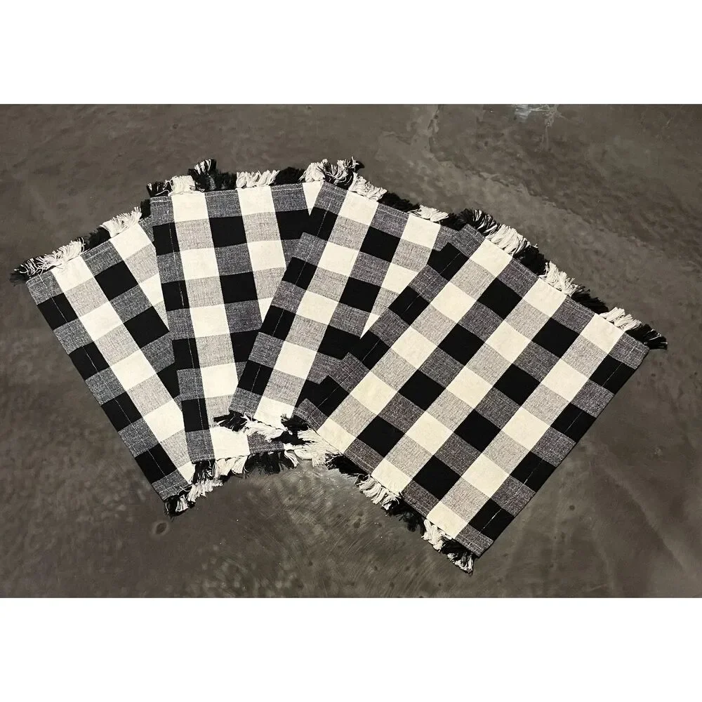 Mainstays Buffalo Black & White Plaid Woven Cotton Placemats Fringed Edges (4)